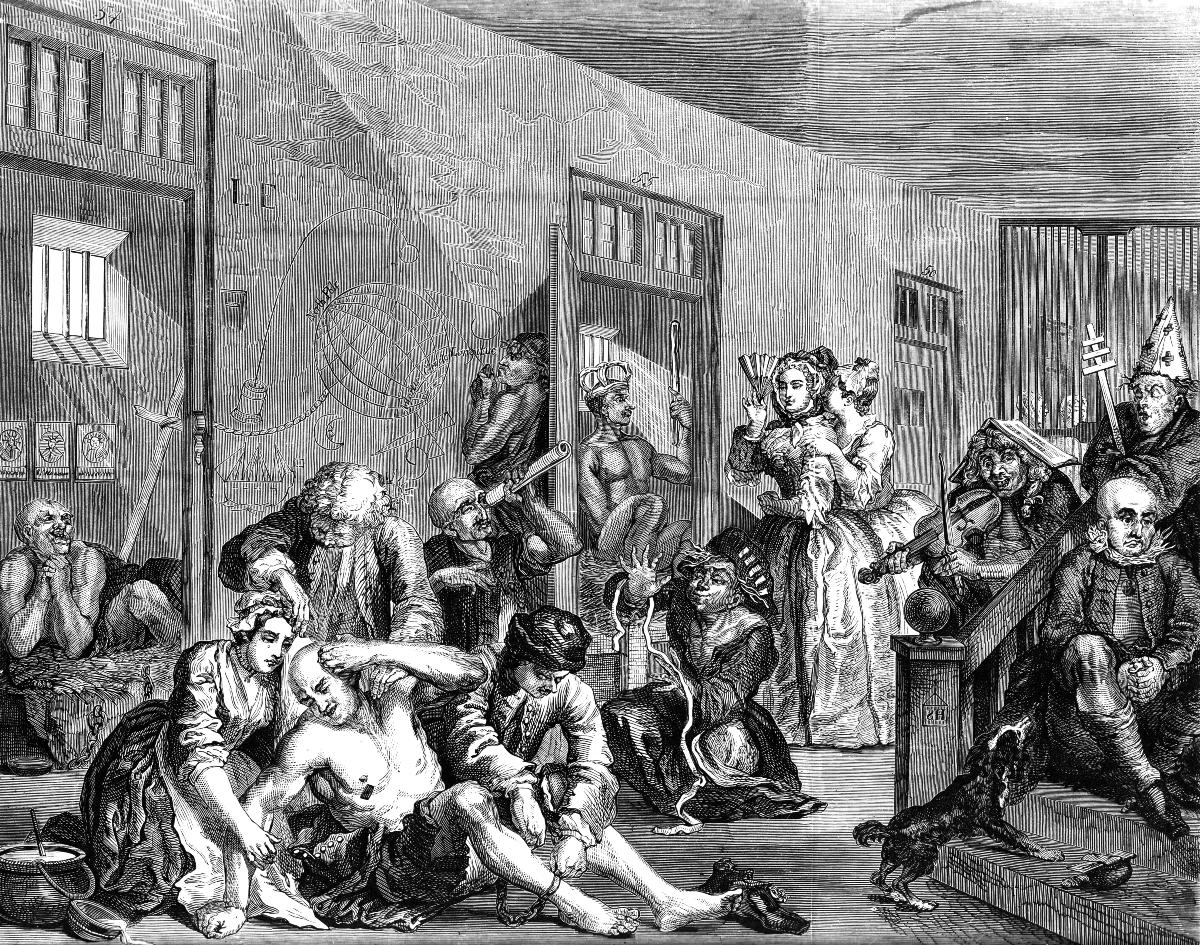 The Madhouse - bức tranh thứ 8 trong chuỗi tác phẩm A Rake's Progress của họa sĩ William Hogarth. 
